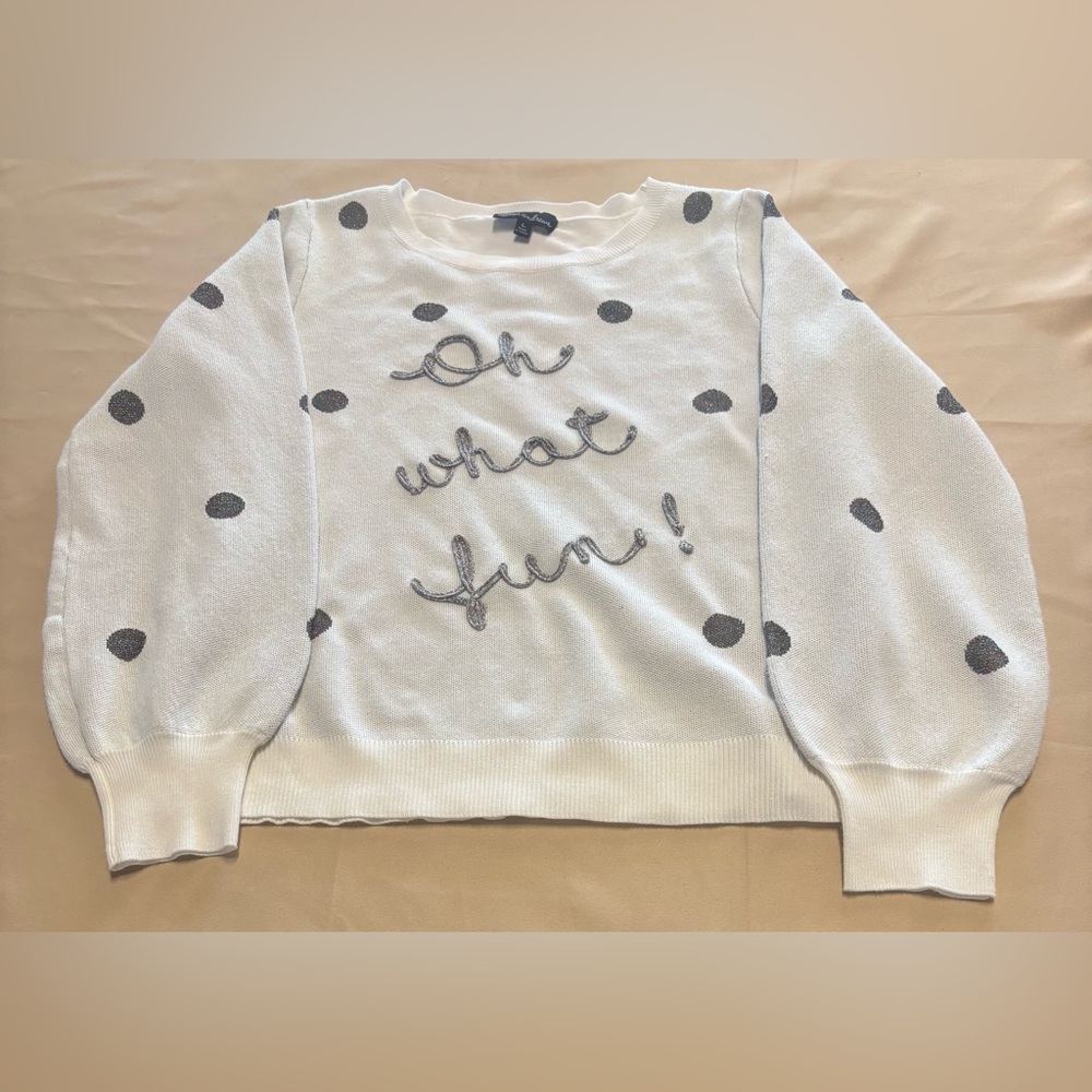 Womans Sweater L White Silver Embroidery Holiday Pullover Puff Sleeves Polka Dot
